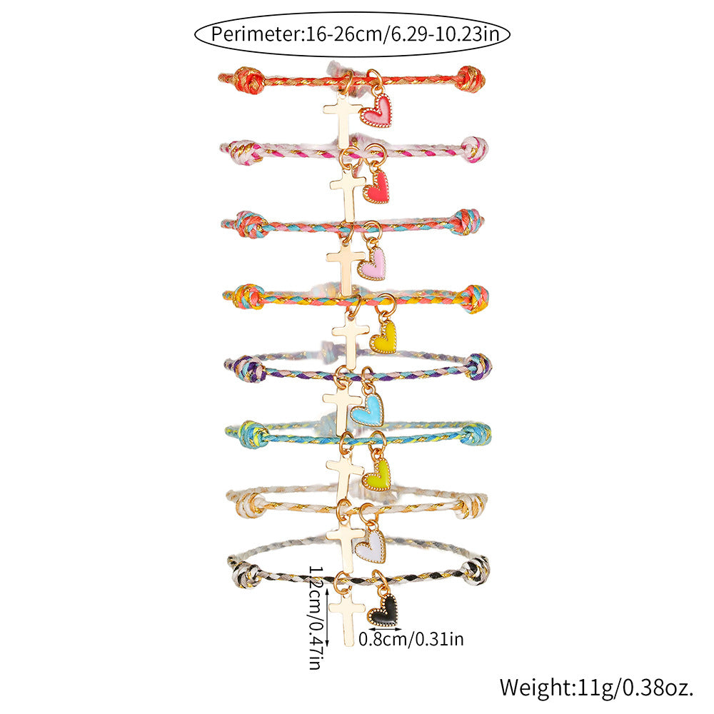 INS Rainbow Braided Love Stacked Hand Rope Couple Gold Cross Dripping Oil Peach Heart Pendant Friendship Bracelet Women