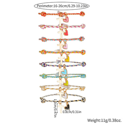 INS Rainbow Braided Love Stacked Hand Rope Couple Gold Cross Dripping Oil Peach Heart Pendant Friendship Bracelet Women