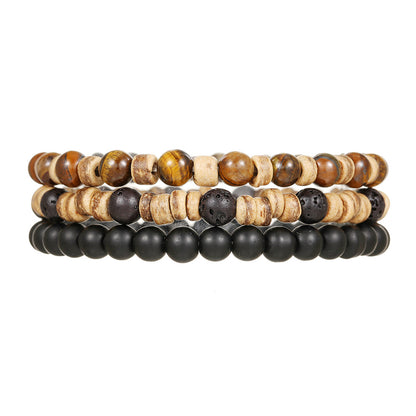 Cross-border best-selling handmade bead bracelets for men, vintage style multi-layer elastic tiger's eye stone wood beads coconut shell bracelets