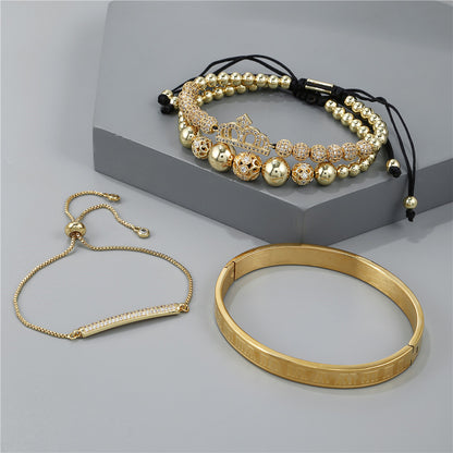 Foreign trade zircon jewelry, cross-border crown diamond ball European and American men's woven adjustable bracelet set 4-piece bracelet set