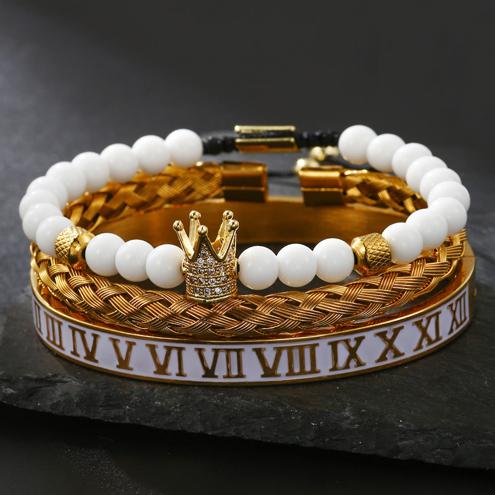 Zircon Skull Leopard Head Crown Bracelet Stainless Steel Men's White Oil Drip Roman Numeral Bracelet Set