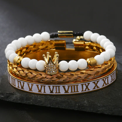 Zircon Skull Leopard Head Crown Bracelet Stainless Steel Men's White Oil Drip Roman Numeral Bracelet Set