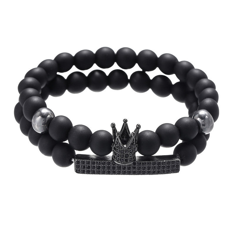 Cross-border jewelry, black frosted stone, lava stone mixed with zircon, small crown, long strip set, bracelet, bracelet set.