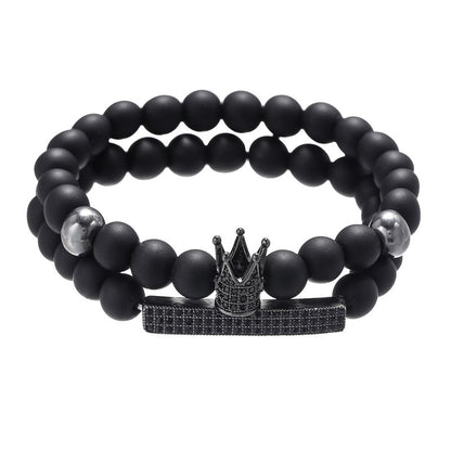 Cross-border jewelry, black frosted stone, lava stone mixed with zircon, small crown, long strip set, bracelet, bracelet set.