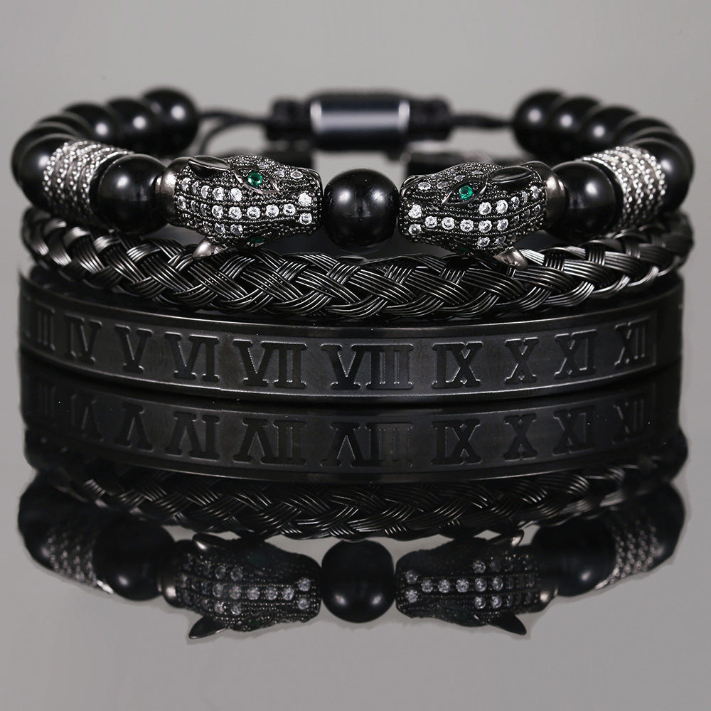 Copper micro-inlaid zircon double leopard head black agate woven bracelet men's stainless steel Roman bracelet stacked bracelet combination