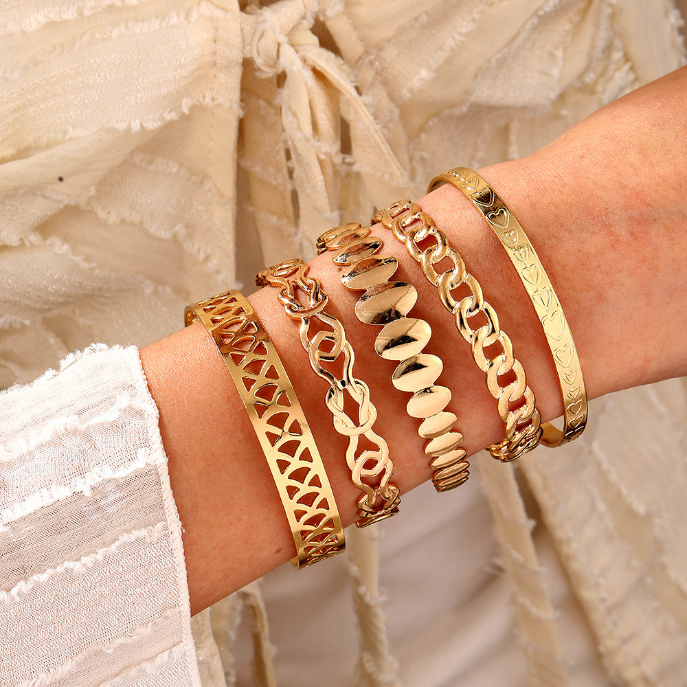 Cross-border hot-selling metal opening bracelet set fashionable mix and match hollow love wheat ear chain stacking bracelet bracelet bracelet