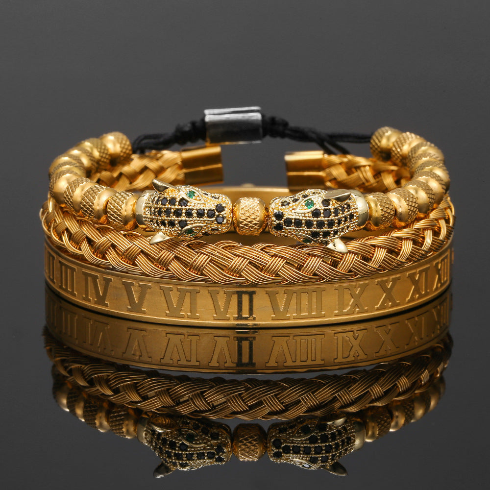 Copper inlaid zircon men's leopard head woven bracelet Roman letter woven stainless steel mesh bracelet set of three pieces