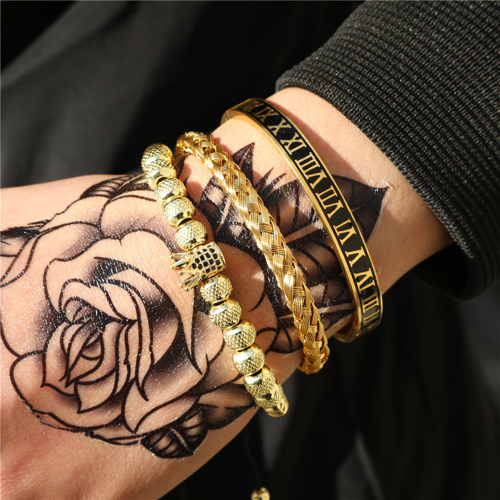 European and American retro versatile crown woven bracelet bracelet set, dripping oil Roman letter woven stainless steel bracelet