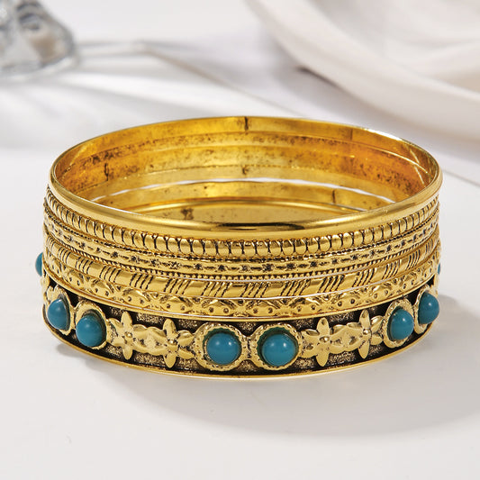 European and American retro ethnic style vacation exaggerated metal bracelet bracelet bracelet set Bohemian style synthetic turquoise bracelet
