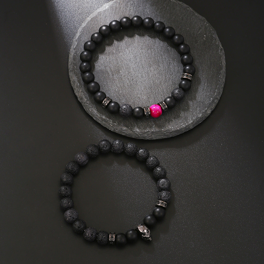Amazon cross-border European and American domineering men's micro-inlaid zircon skull bracelet set volcanic stone bead beaded bracelet