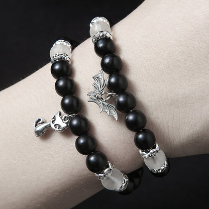 Niche design black matte couple bracelet, elastic bead cat bat pendant, stackable bracelet to give to girlfriend