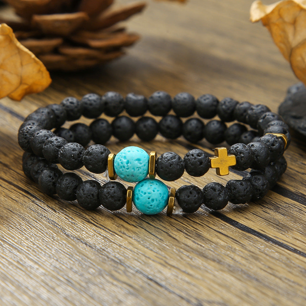 Ins Internet celebrity wind volcanic stone bracelet set simple versatile black gallstone cross elastic bracelet couple bracelet