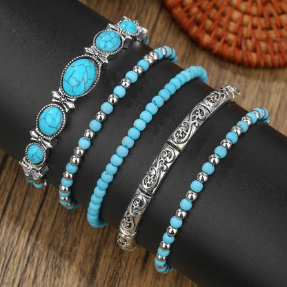 Cross-border hot-selling ethnic style imitation turquoise bracelet, European and American personalized commuting stacking and wearing jewelry combination vacation bracelet