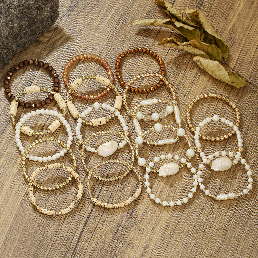 Cross-border hot-selling retro wood bead crystal pearl bracelet women's ins simple temperament fashionable small fresh stacked bracelet