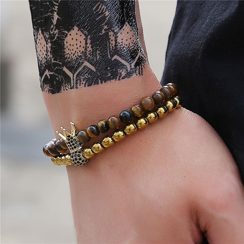 6Mm tiger's eye micro-inlaid zircon crown bracelet, woven bracelet, elastic bracelet set, Buddha bead bracelet.