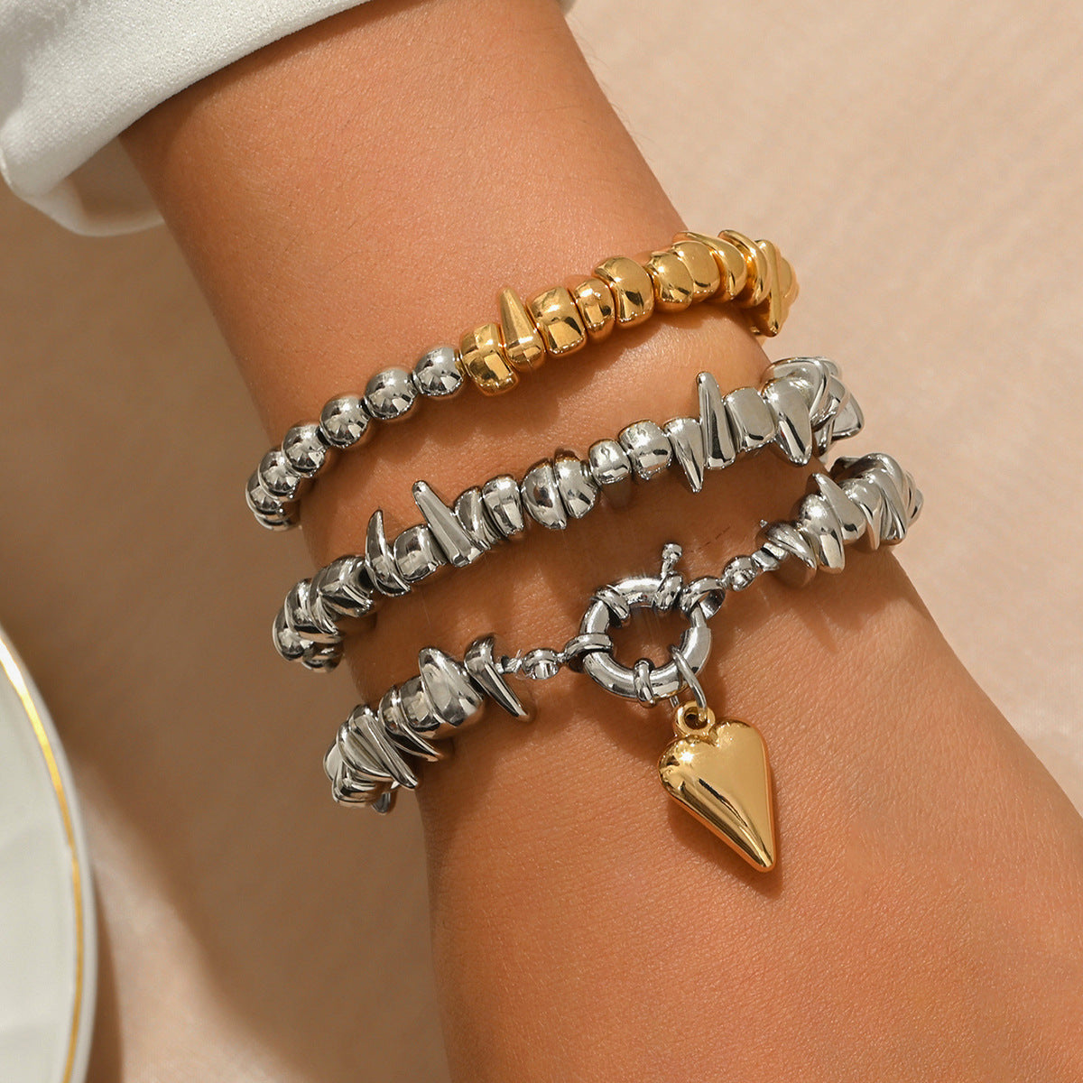 European and American cross-border jewelry popular women's bracelet set geometric love broken silver irregular design beaded bracelet