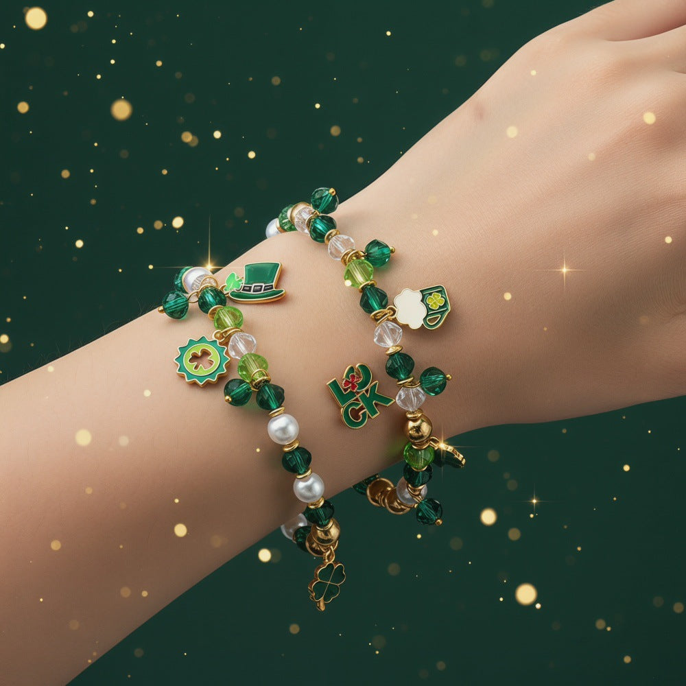 Geometric Crystal Bead Bracelet Women's Small Fresh Clover Pendant Bracelet St. Patrick's Day Green Couple Bracelet