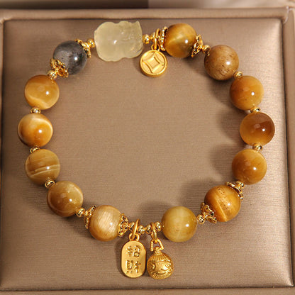 Natural golden crystal moonstone bracelet, female gold swallowing beast yellow tiger eye stone yellow hair crystal bracelet for girlfriend and girlfriend.