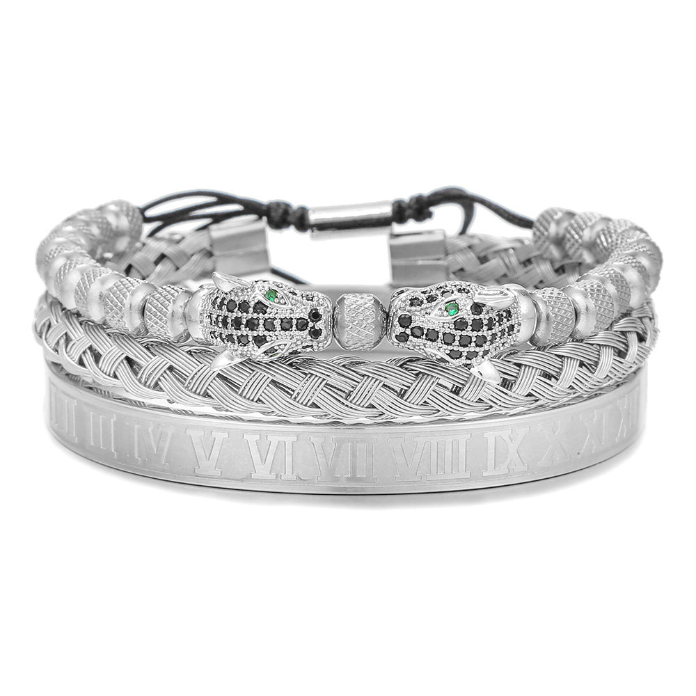 Copper inlaid zircon men's leopard head woven bracelet Roman letter woven stainless steel mesh bracelet set of three pieces
