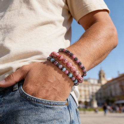 Cross-border new men's stacked beaded bracelets fashionable versatile powder zebra black gallstone natural stone elastic bracelet men