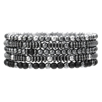 European and American new versatile handmade beaded bracelet set couple beach wind geometric hip-hop black gallstone elastic jewelry