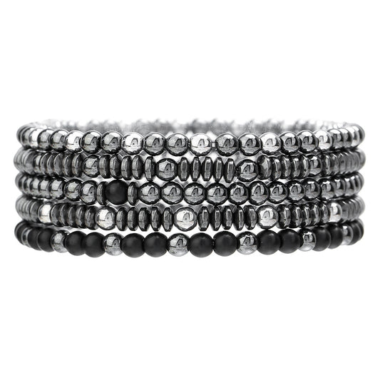 European and American new versatile handmade beaded bracelet set couple beach wind geometric hip-hop black gallstone elastic jewelry