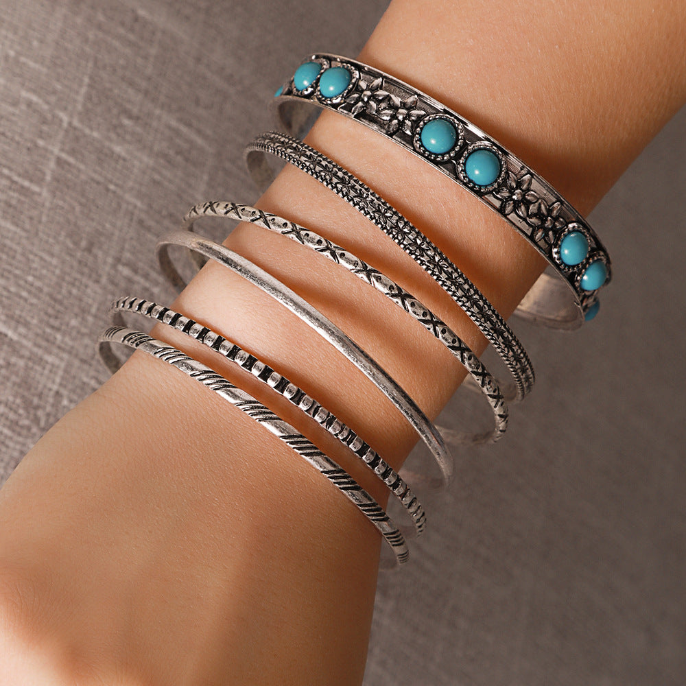 European and American retro ethnic style vacation exaggerated metal bracelet bracelet bracelet set Bohemian style synthetic turquoise bracelet