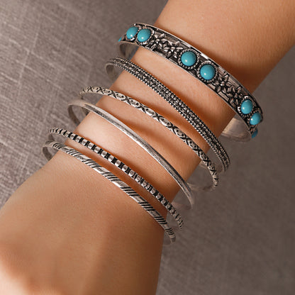 European and American retro ethnic style vacation exaggerated metal bracelet bracelet bracelet set Bohemian style synthetic turquoise bracelet