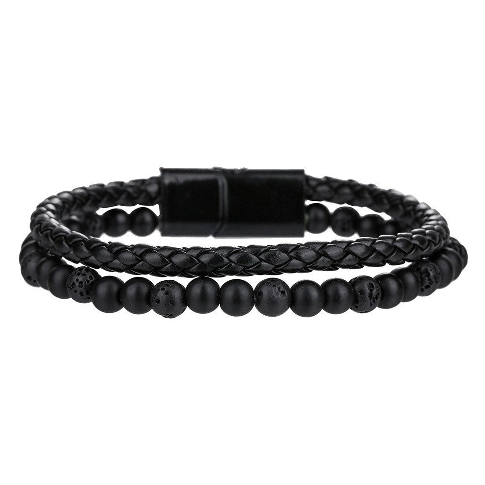 Cross-border new hip-hop punk beaded men's bracelet set stacked with black agate tiger's eye leather magnetic buckle bracelet