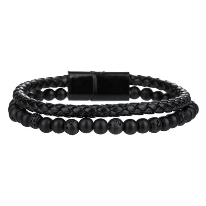 Cross-border new hip-hop punk beaded men's bracelet set stacked with black agate tiger's eye leather magnetic buckle bracelet