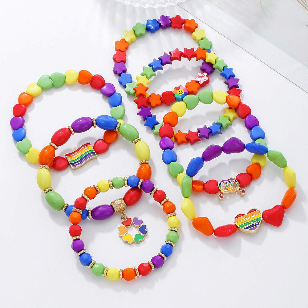 Candy Color Beaded Elastic Bracelet Women's Bohemi Holiday Wind Rainbow Multi-layer Stacked Belt Love Bracelet Set