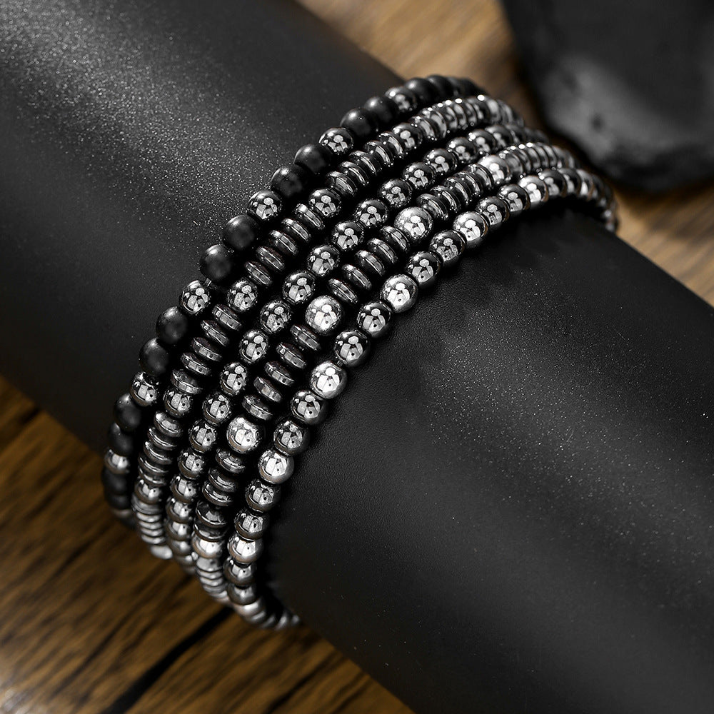 European and American new versatile handmade beaded bracelet set couple beach wind geometric hip-hop black gallstone elastic jewelry