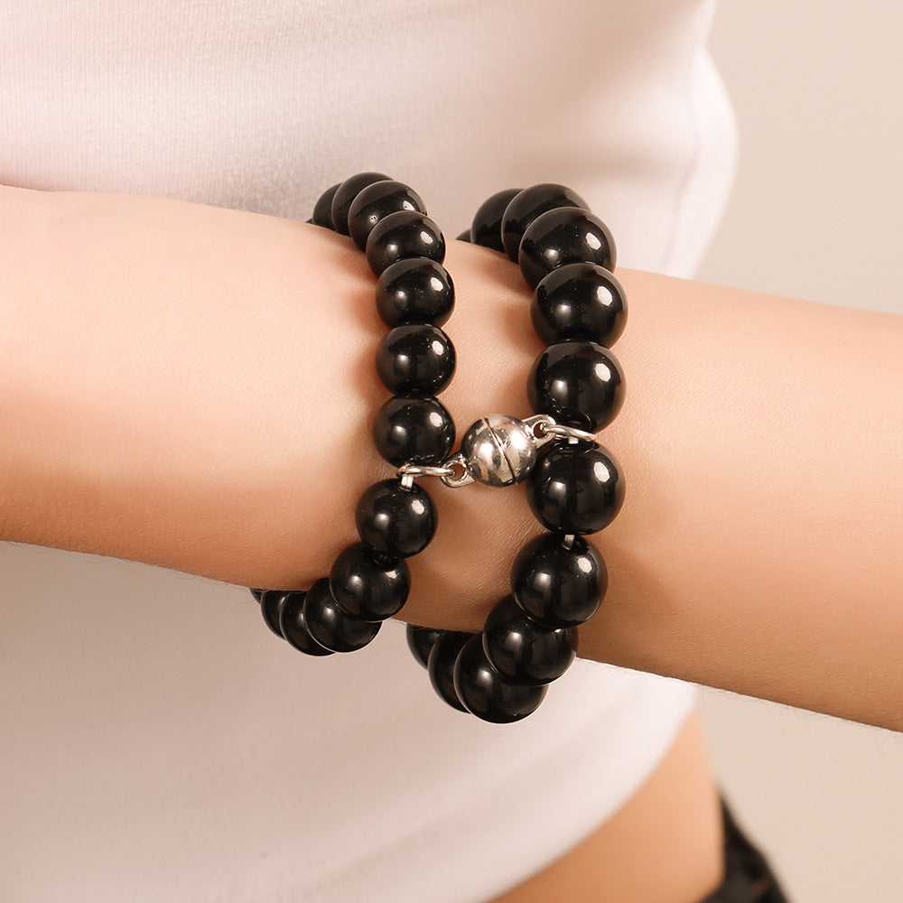 Cross-border hot-selling magnet stone couple bracelet, girlfriend bracelet, elastic black diamond bead Buddha bead bracelet set.