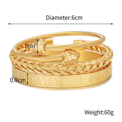 Stainless Steel Wolf Head Roman Numeral Woven Bracelet Bracelet Set Men's Vacuum Plated Titanium Steel Bracelet
