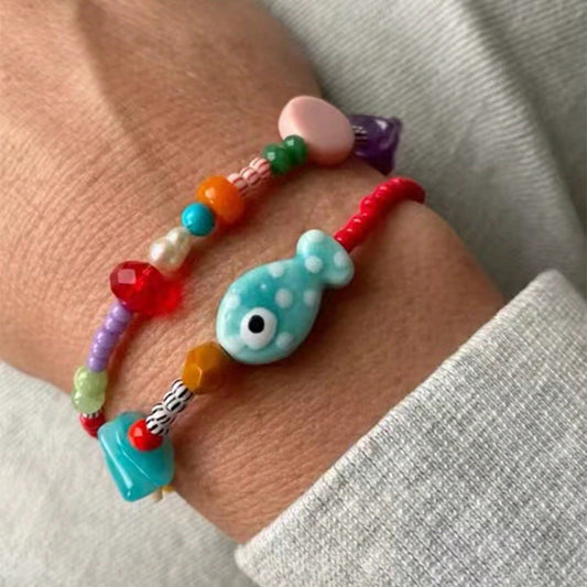 Summer Beach Vacation Wind Beaded Bracelet Ocean Wind Dopamine Ceramic Fish Sweet Glazed Rice Bead Bracelet Female