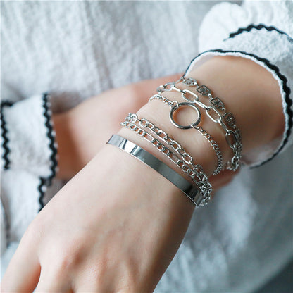 Punk hip hop style bracelet bracelet combination jewelry women, mix and match multi-element geometric round buckle set bracelet set