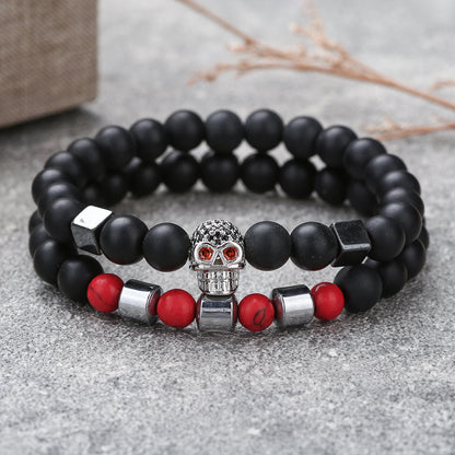 Micro-inlaid zircon skull bracelet set of 2, a set of black matte red pine beaded bracelet combination jewelry wholesale