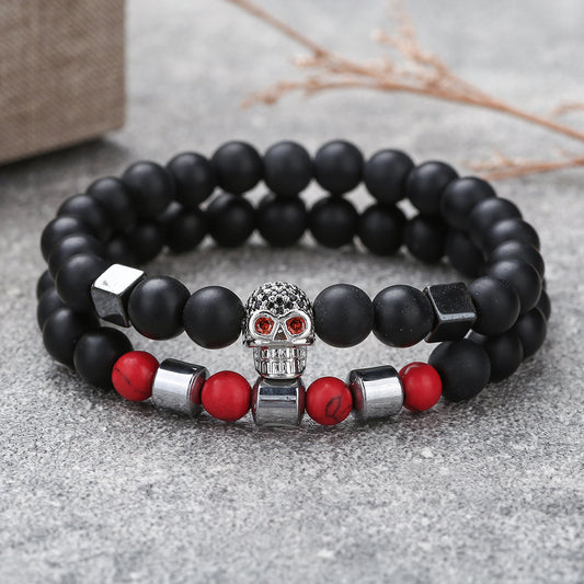 Micro-inlaid zircon skull bracelet set of 2, a set of black matte red pine beaded bracelet combination jewelry wholesale