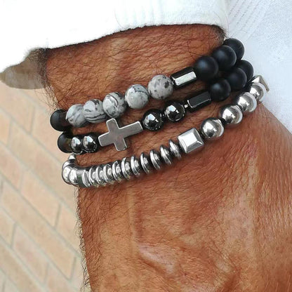 Cross-border hot-selling stone bracelet black gallstone cross flying saucer retro bracelet map stone elastic bracelet combination male