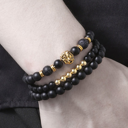 Cross-border new 6/8mm black matte volcanic stone beaded bracelet set combination lion head elastic bracelet bracelet.