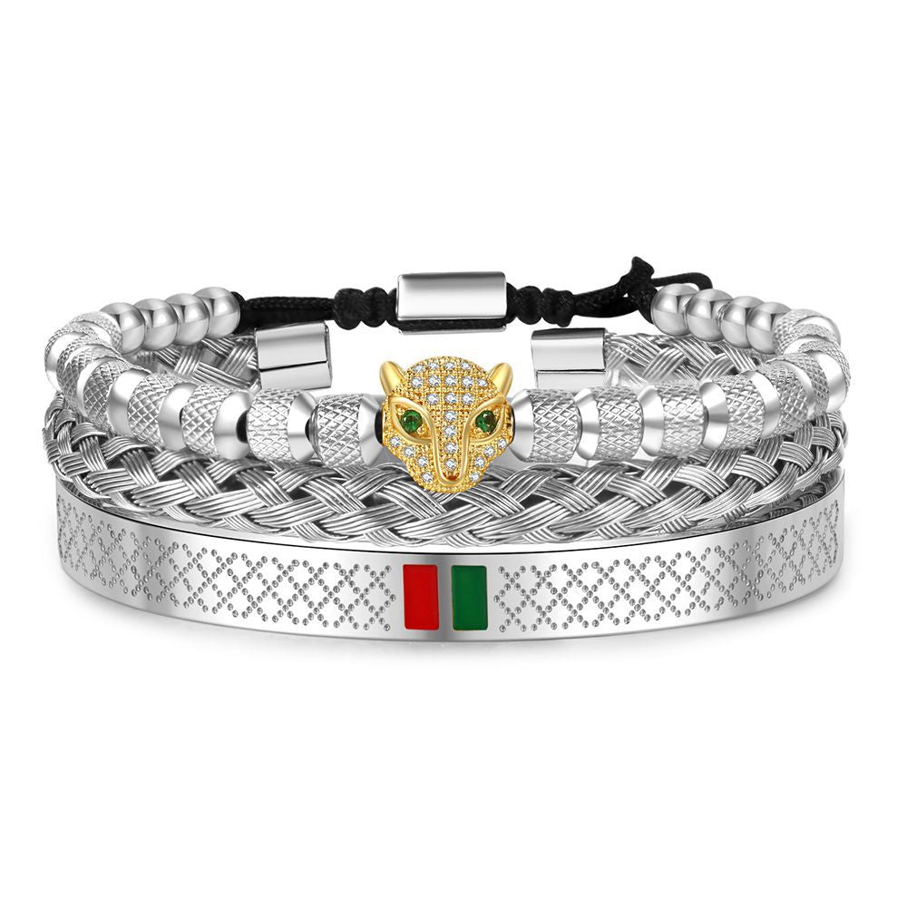 Hip Hop Men's Copper Inlaid Zircon Leopard Head Stainless Steel Bracelet Bracelet Combination Set Non-Fading Internet celebrity jewelry