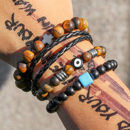 Amazon hot-selling tiger's eye stone leather bracelet set retro men's multi-layer stacking wearing cross eye bracelet men