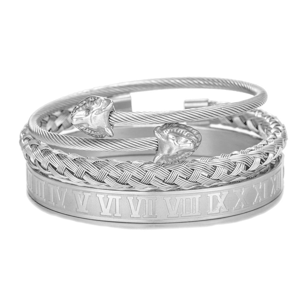 Stainless Steel Wolf Head Roman Numeral Woven Bracelet Bracelet Set Men's Vacuum Plated Titanium Steel Bracelet