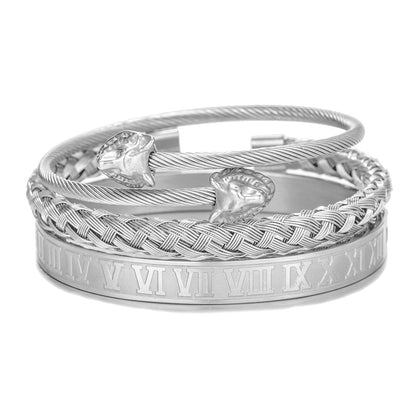 Stainless Steel Wolf Head Roman Numeral Woven Bracelet Bracelet Set Men's Vacuum Plated Titanium Steel Bracelet