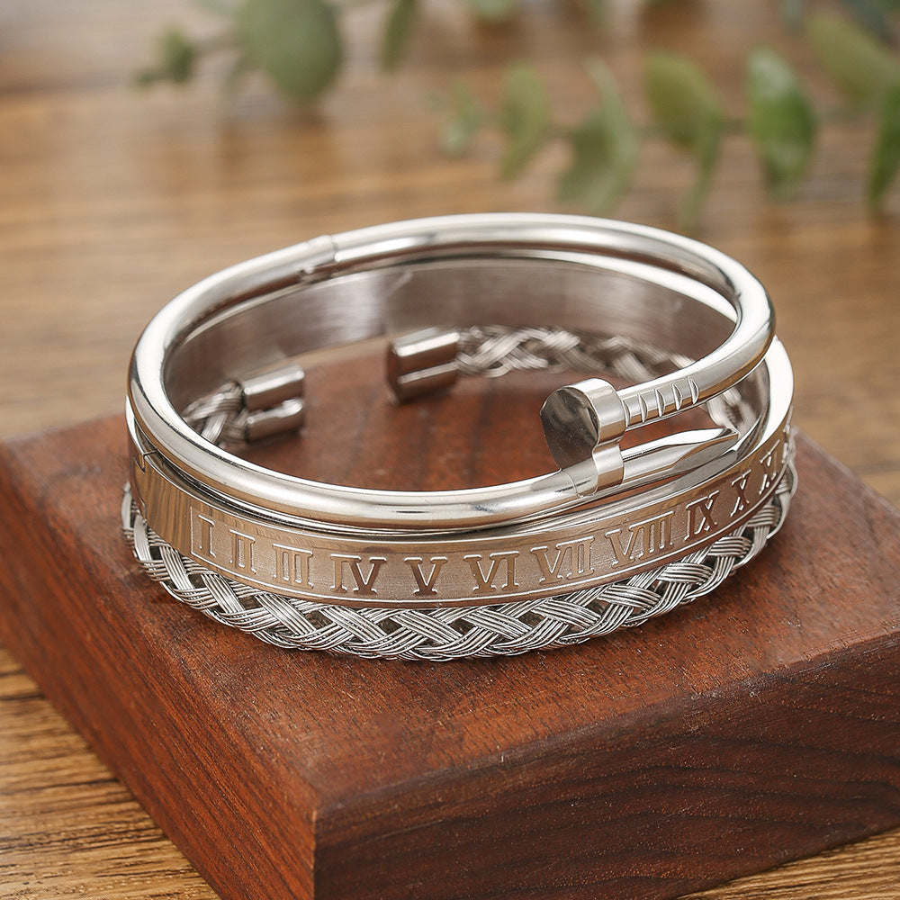 Cross-border European and American retro Roman nail bracelet stainless steel set bracelet men's punk style versatile titanium steel bracelet