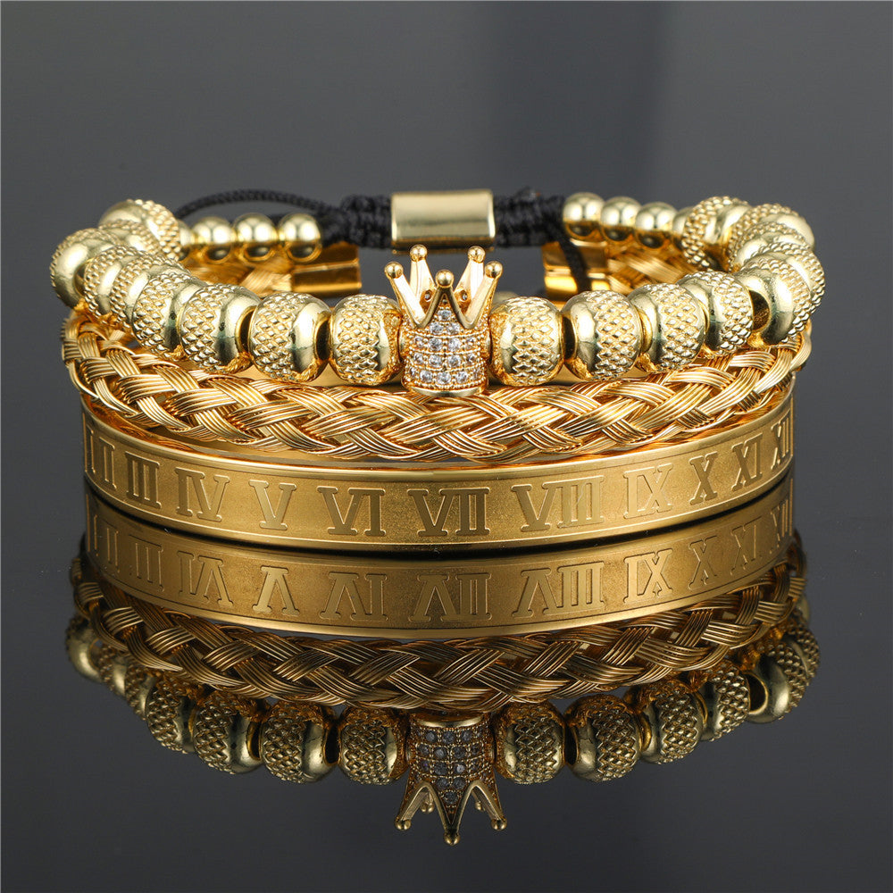 Diamond-encrusted stainless steel bracelet woven pineapple bead crown bracelet bracelet set C-shaped titanium steel open bracelet men