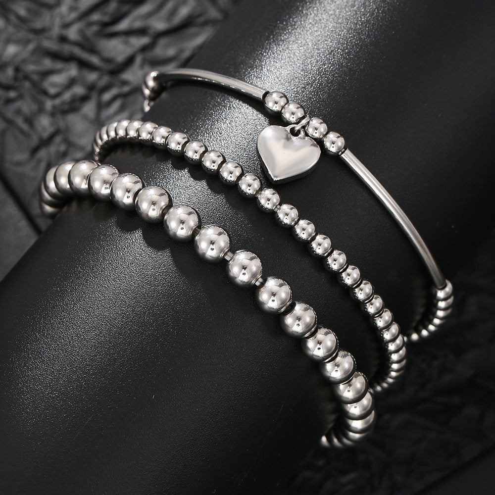 European and American cross-border hand jewelry stainless steel love pendant metal wind bracelet combination sweet cool beaded stacked bracelet women