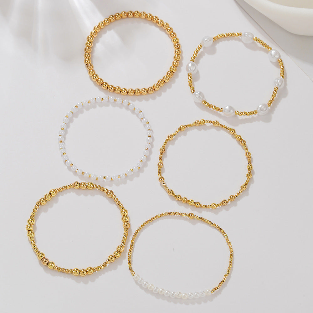 European and American bracelets cross-border stacking French beaded copper bead bracelet combination simple imitation pearl elastic jewelry women
