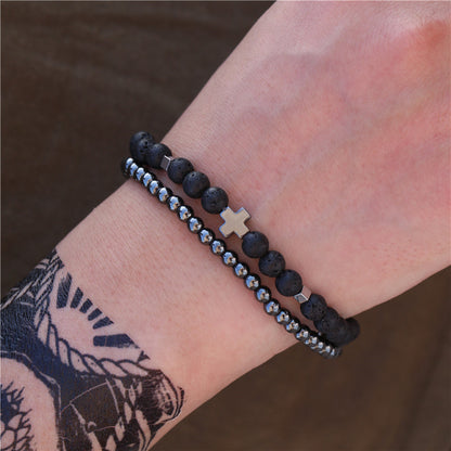 European and American new versatile handmade beaded bracelet set couple beach wind geometric hip-hop black gallstone elastic jewelry