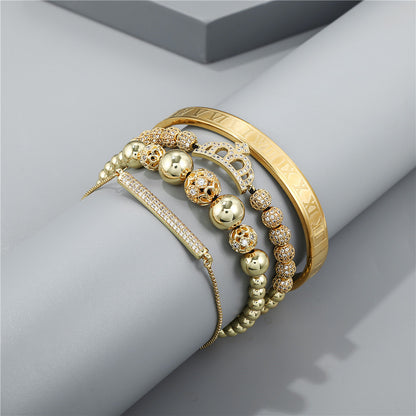 Foreign trade zircon jewelry, cross-border crown diamond ball European and American men's woven adjustable bracelet set 4-piece bracelet set